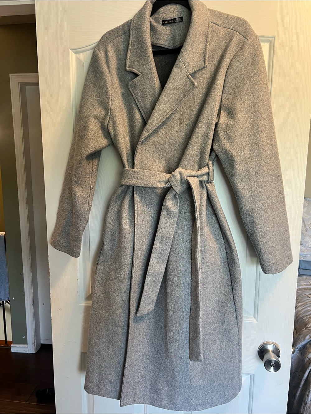 Black Tape_ Light Gray Belted Trench Coat